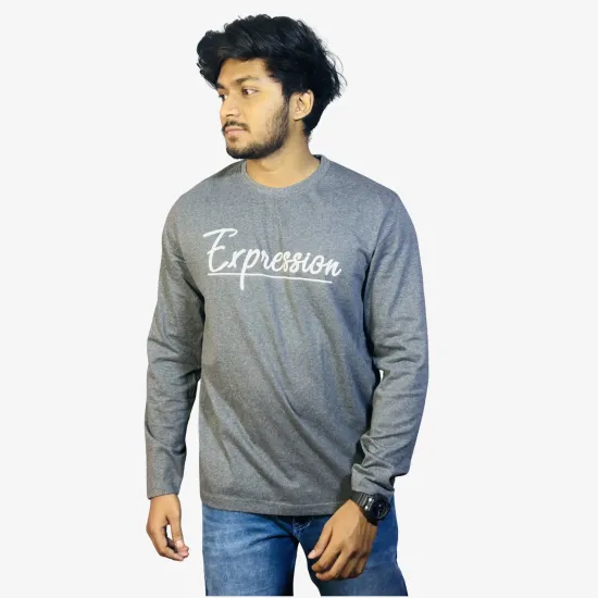 Men's Grey Melange Full Sleeve T-Shirt | Premium Cotton Round Neck Casual Regular Fit T-Shirt